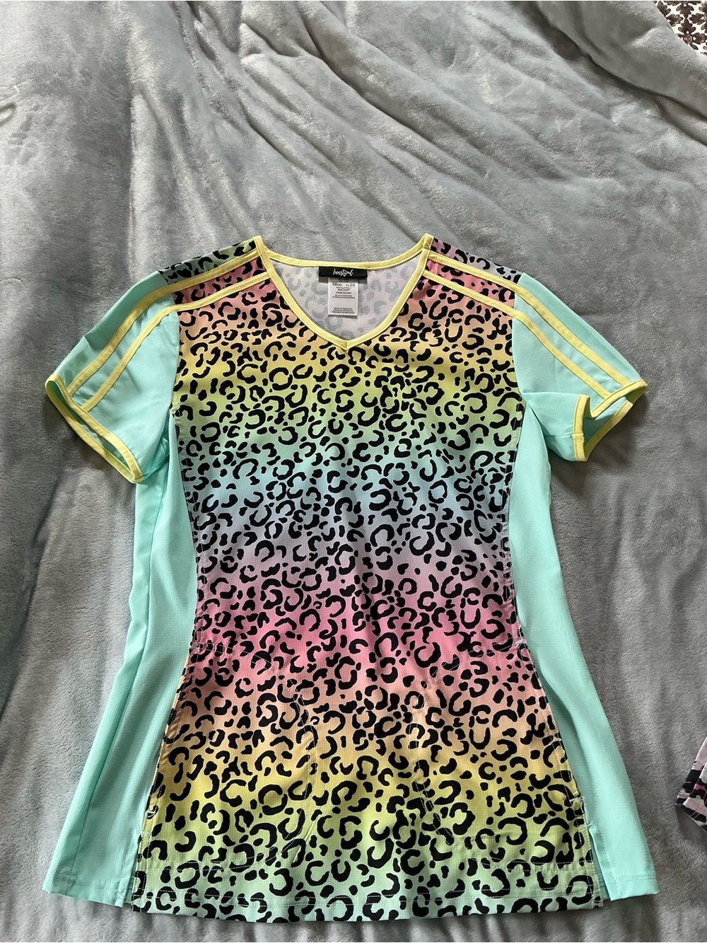 HeartSoul Multicolor Leopard Print Scrub Top with Mint Panels